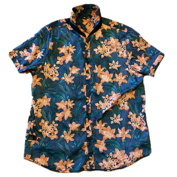 NWT Dark Blue & Orange Hibiscus Print Button Down Shirt (XXL) - Picture 4 of 8